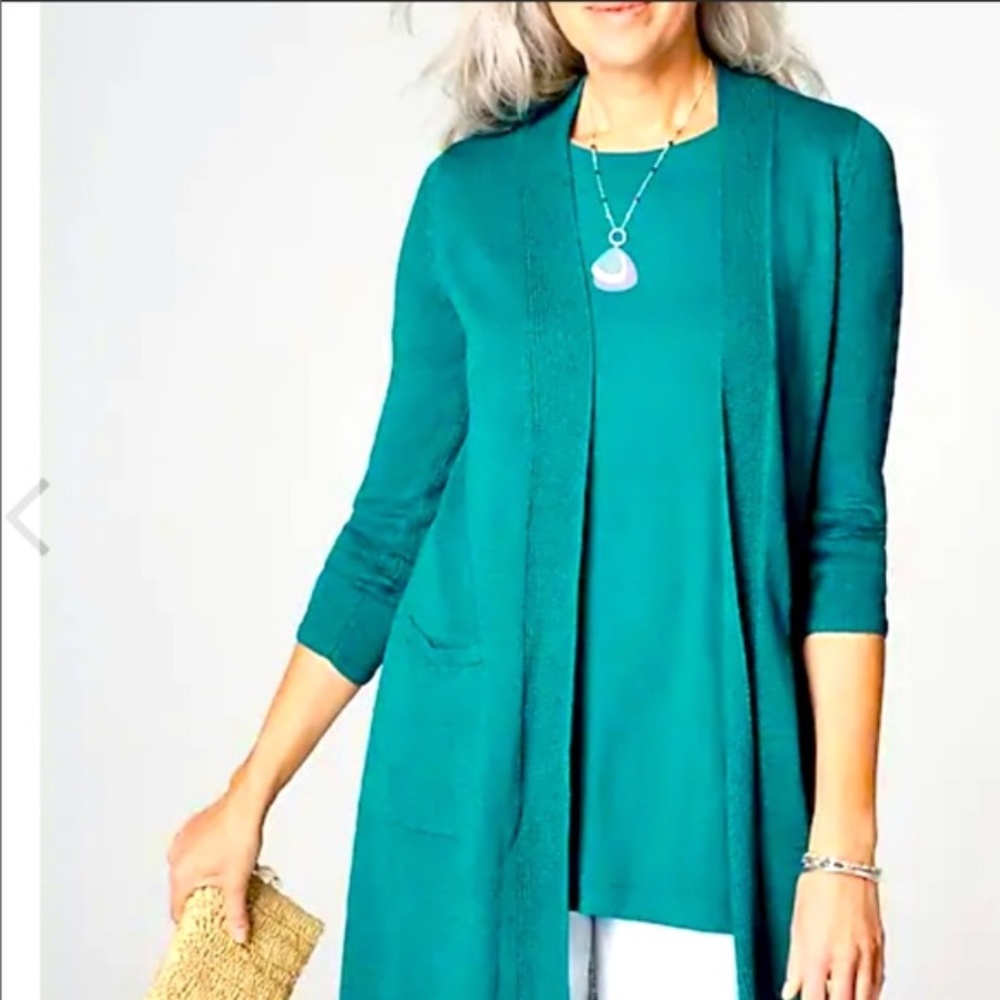 J. Jill linen blend long knit Cardigan sweater in color lagoon size small - Picture 7 of 8